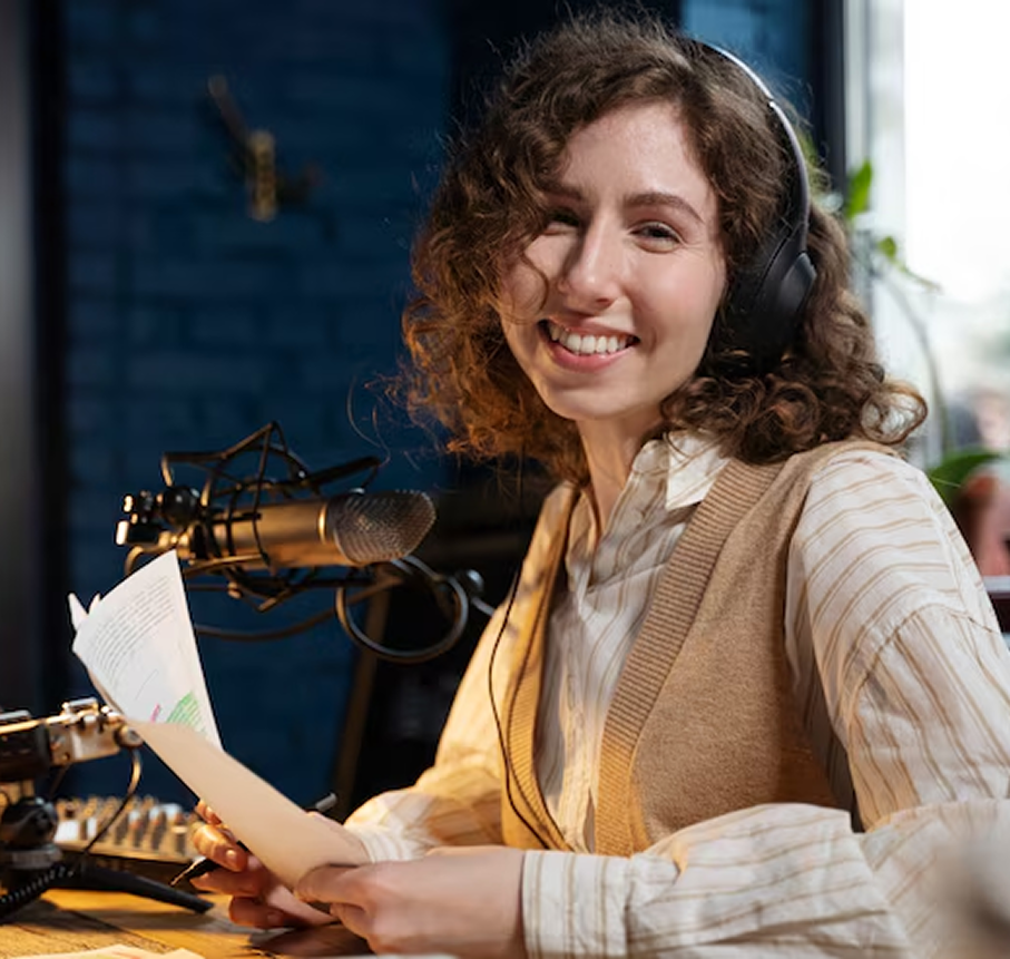 Mulher jovem e sorridente com cabelos cacheados, usando fones de ouvido e falando em um microfone de estúdio, segurando papéis. Representa a criação de conteúdo.