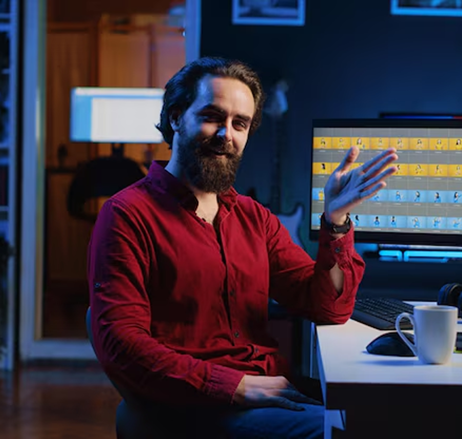 Criador de conteúdo ou editor de vídeo, barbudo e sorridente, sentado em um ambiente com luz azul, apontando para um monitor com miniaturas de vídeo.